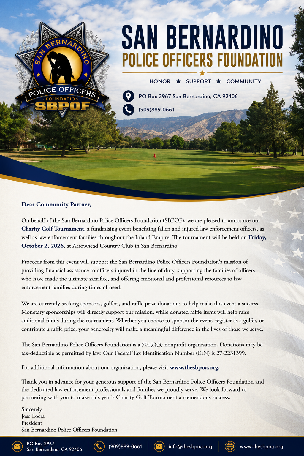 SBPOA Golf Tournament donation request letter inviting businesses and community partners to support the 2026 San Bernardino Police Officers Association fundraising event through sponsorships, donations, and community partnerships.