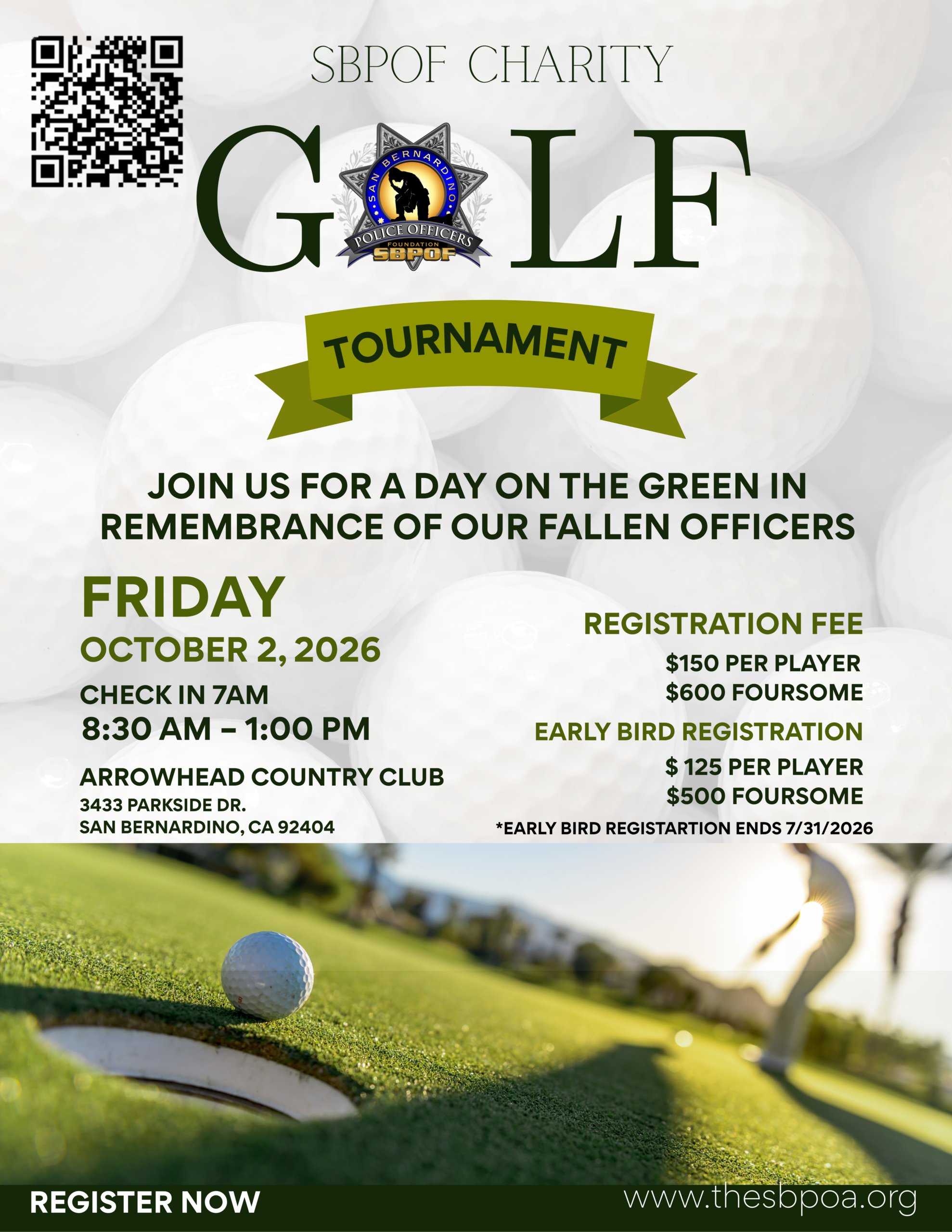 SBPOA Golf Tournament flyer promoting the 2026 fundraising event featuring golf course imagery, event date, registration information, sponsorship opportunities, and San Bernardino Police Officers Association branding.