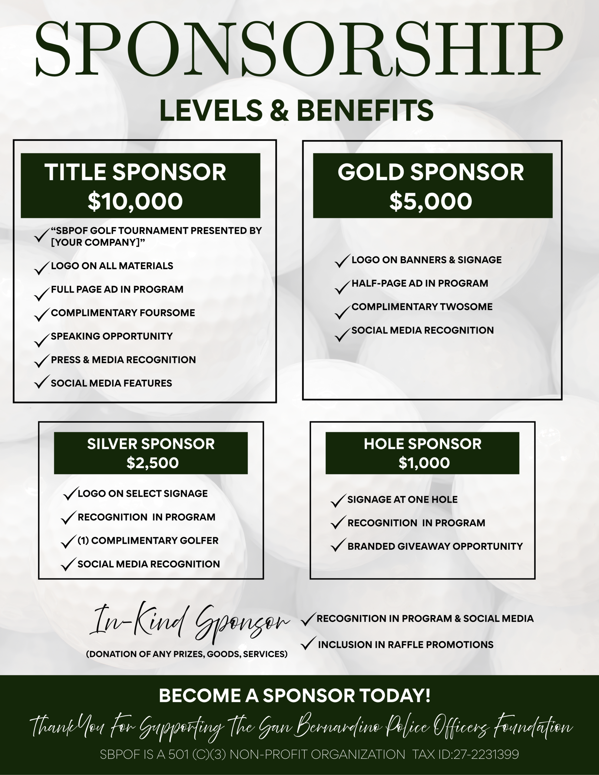 SBPOA Golf Tournament sponsorship flyer outlining sponsorship levels, benefits, promotional opportunities, signage packages, and support options for the 2026 San Bernardino Police Officers Association golf fundraiser.